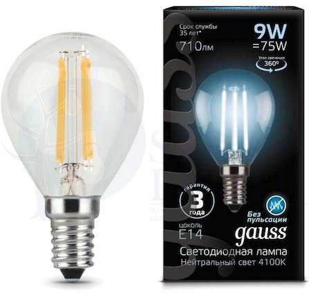 Лампа LED Filament Globe E14 9W 4100K 1/10/50 Gauss 105801209