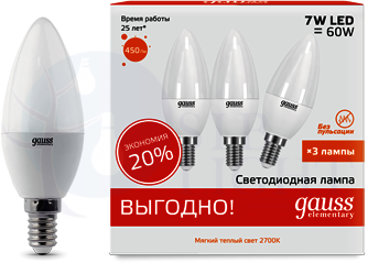 Лампа LED Elementary Candle 7W E14 2700K 1/40 (упак.=3шт.) Gauss 33117T