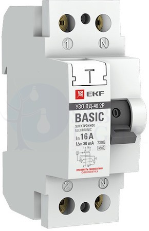 Устройство защитного отключения УЗО ВД-40 2P 40А/300мА (электронное) Basic EKF elcb-2-40-300e-sim