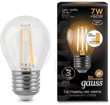 Лампа LED Filament Globe E27 7W 2700K step dimmable 1/10/50 Gauss 105802107-S