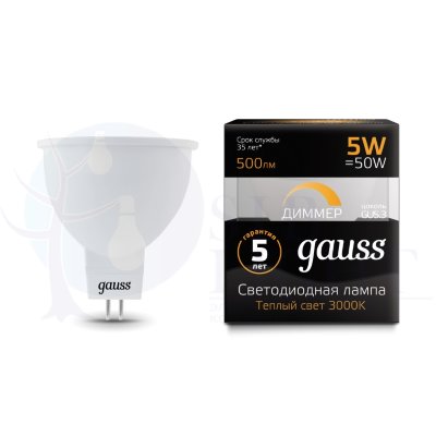 Лампа Gauss LED MR16 GU5.3-dim 5W 500lm 3000K  диммируемая 1/10/100