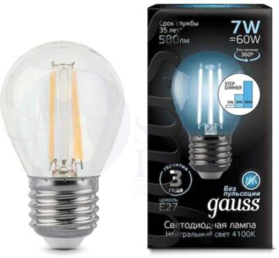 Лампа LED Filament Globe E27 7W 4100K step dimmable 1/10/50 Gauss 105802207-S