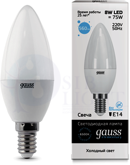 Лампа LED Elementary Candle 8W E14 6500K 1/10/100 Gauss 33138