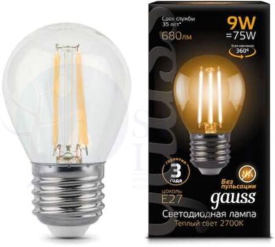 Лампа LED Filament Globe E27 9W 2700K 1/10/50 Gauss 105802109