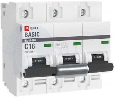 Автоматический выключатель 3P 16А (C) 10kA ВА 47-100 EKF Basic EKF mcb47100-3-16C-bas