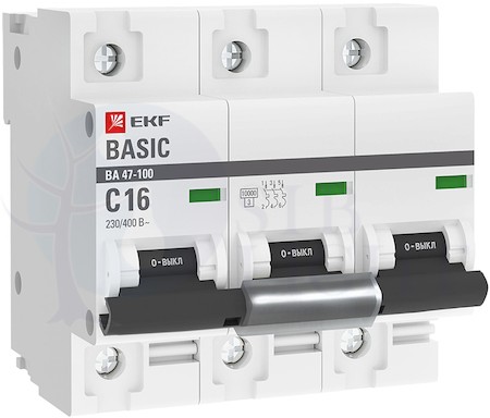 Автоматический выключатель 3P 16А (C) 10kA ВА 47-100 EKF Basic EKF mcb47100-3-16C-bas