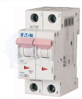 Выключатель автоматический модульный 2п C 2А 6кА PL6-C2/2 EATON 286562