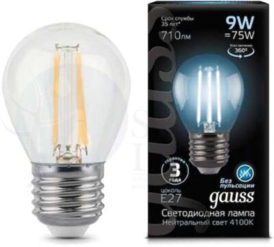 Лампа LED Filament Globe E27 9W 4100K 1/10/50 Gauss 105802209
