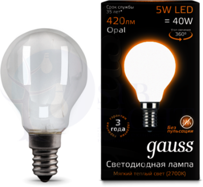 Лампа LED Filament Globe Opal E14 5W 2700K 1/10/50 Gauss 105201105