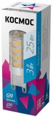 Лампа светодиодная LED 3Вт 220В G9 4500К КОСМОС LksmLED3WG9C4500pc КОСМОС LksmLED3WG9C4500pc
