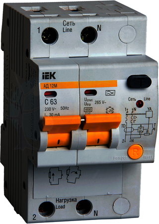 Дифференциальный автомат 2P 63А АД-12 (тип A, 4.5 кА) IEK MAD12-2-063-C-030