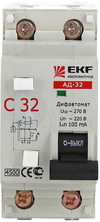Дифференциальный автомат АД-32 10А/30мА (характеристика C, тип AC) 4,5кА EKF DA32-10-30
