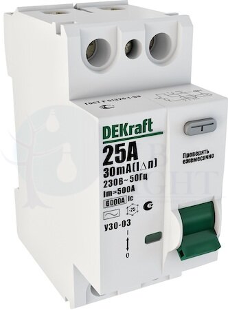 Выключатель дифференциального тока 2P 25А 30мА УЗО-03 (тип AC) DEKraft 14054DEK
