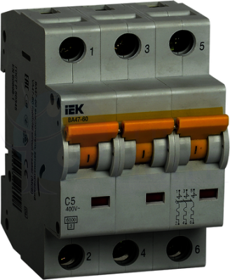 Автомат 3P 5А ВА47-60 (6 кА, C) IEK MVA41-3-005-C