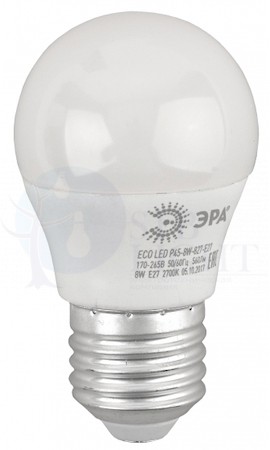 Лампа светодиодная LED P45-8W-827-E27(диод,шар,8Вт,тепл,E27) ERA Б0030024