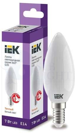 Лампа светодиодная C35 свеча матовая 7Вт 230В 3000К E14 серия 360  IEK IEK LLF-C35-7-230-30-E14-FR