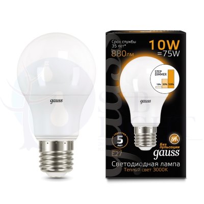 Лампа Gauss LED A60 10W E27 880lm 2700K step dimmable 1/10/50