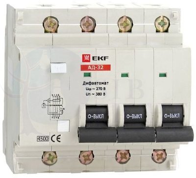 Дифференциальный автомат АД-32 4P 16А/100мА (характеристика C, тип AC) 4,5кА EKF DA32-16-100-4P