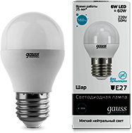 Лампа LED Elementary G45 E27 6W 4100K Gauss 53226