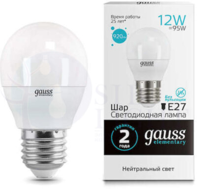 Лампа LED Elementary Шар 12W 920lm E27 4100K 1/10/100 Gauss 53222