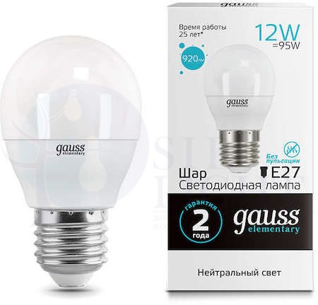 Лампа LED Elementary Шар 12W 920lm E27 4100K 1/10/100 Gauss 53222