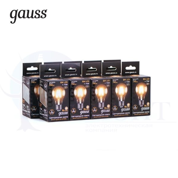 Лампа Gauss LED Filament A60 E27 8W 740lm 3000К 1/10/40