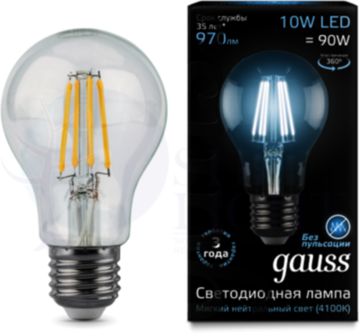 Лампа LED Filament A60 E27 10W 4100К 1/10/40 Gauss 102802210