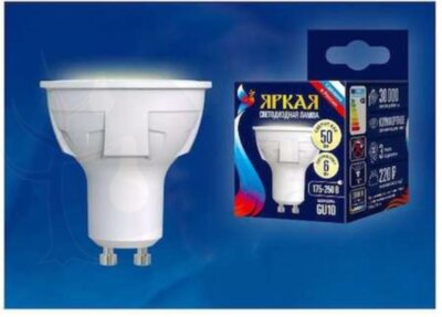 Лампа светодиодная LED 6вт 175-250В Форма JCDR матовый 500Лм GU10 3000К Uniel ЯРКАЯ Uniel UL-00002423