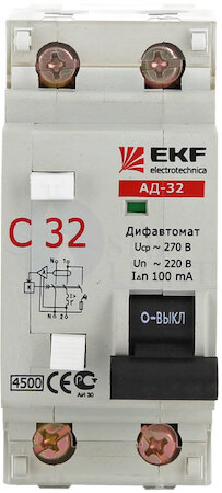 Дифференциальный автомат АД-32 6А/30мА (характеристика C, тип AC) 4,5кА EKF DA32-06-30