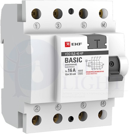 Устройство защитного отключения УЗО ВД-40 4P 63А/30мА (электронное) Basic EKF elcb-4-63-30e-sim