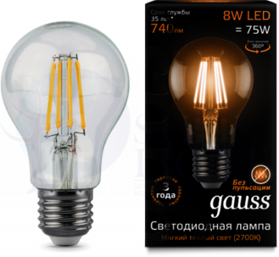 Лампа LED Filament A60 E27 8W 2700К 1/10/40 Gauss 102802108