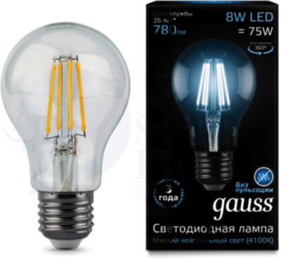 Лампа LED Filament A60 E27 8W 4100К 1/10/40 Gauss 102802208
