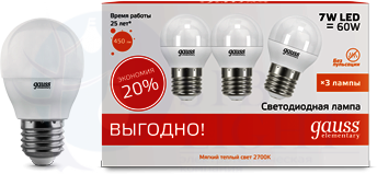 Лампа LED Elementary Globe 7W E27 2700K 1/40 (упак.=3шт.) Gauss 53217T