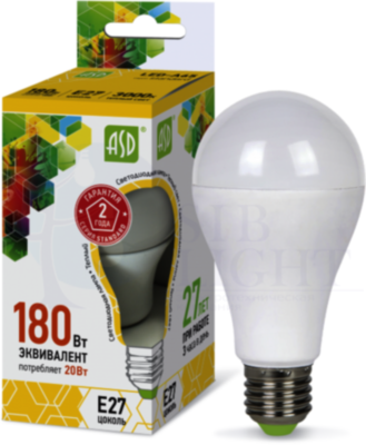 Лампа светодиодная LED-A60-standard 20Вт грушевидная 3000К тепл. бел. E27 1800лм 160-260В ASD 4690612004198