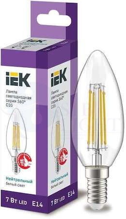Лампа светодиодная C35 свеча прозрачная 7Вт 230В 4000К E14 серия 360  IEK IEK LLF-C35-7-230-40-E14-CL