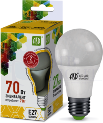 Лампа светодиодная LED-A60-standard 7Вт грушевидная 3000К тепл. бел. E27 630лм 160-260В ASD 4690612001692