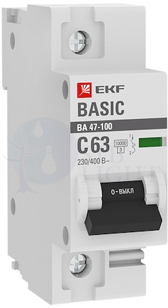 Автоматический выключатель 1P 63А (C) 10kA ВА 47-100 EKF Basic EKF mcb47100-1-63C-bas