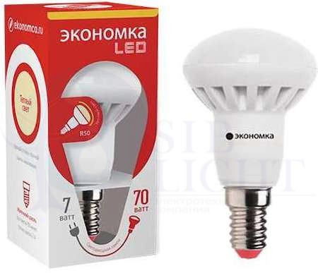 Лампа светодиодная R50 рефлектор 7Вт 400Лм 230В 3000К E14 ЭКОНОМКА Eco_LED7wR50E1430