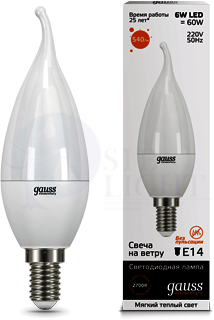 LED Elementary Candle Tailed 6W E14 2700K 1/10/50 светодиодная лампа Gauss 34116