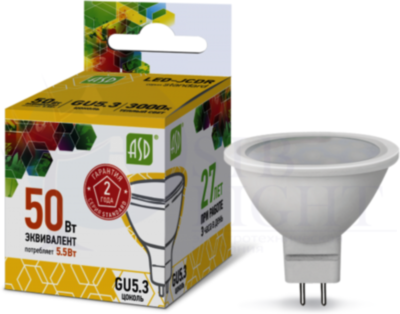 Лампа светодиодная LED-JCDR-standard 5.5Вт 3000К тепл. бел. GU5.3 495лм 160-260В ASD 4690612002262