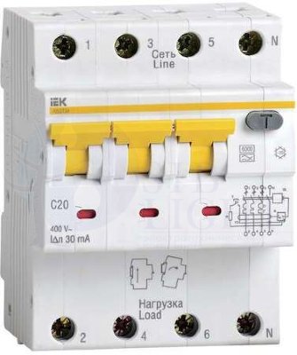 Дифференциальный автомат 3P+N 20А АВДТ34 (тип A, IEK MAD22-6-020-C-30