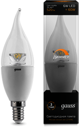 Лампа Gauss LED Candle Tailed-dim Crystal Clear E14 6W 2700K диммируемая 1/10/50