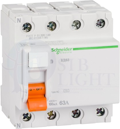 Выключатель дифференциального тока 4P 63А 100мА Домовой (тип AC) Schneider Electric 11467