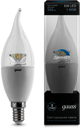 Лампа Gauss LED Candle Tailed-dim Crystal Clear E14 6W 4100K диммируемая 1/10/50
