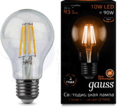 LED Filament A60 E27 10W 2700К (груша) светодиодная лампа Gauss 102802110
