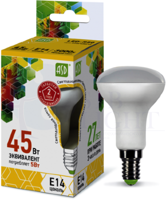 Лампа светодиодная LED-R50-standard 5Вт 3000К тепл. бел. E14 450лм 160-260В ASD 4690612001531