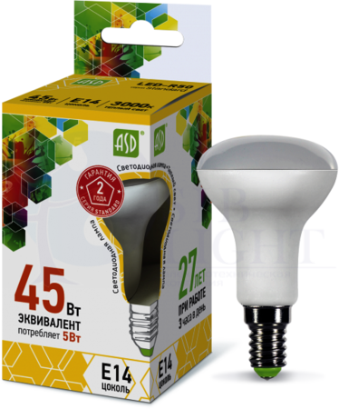 Лампа светодиодная LED-R50-standard 5Вт 3000К тепл. бел. E14 450лм 160-260В ASD 4690612001531