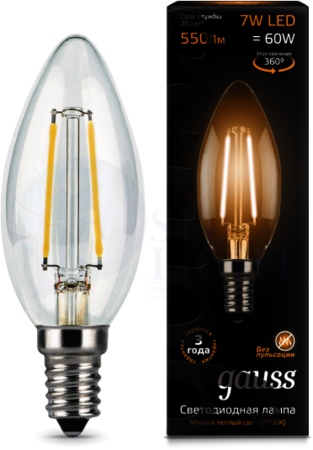 LED Filament Candle E14 7W 2700К (свеча) светодиодная лампа Gauss 103801107