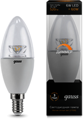 Лампа Gauss LED Candle-dim Crystal Clear E14 6W 2700К диммируемая 1/10/50