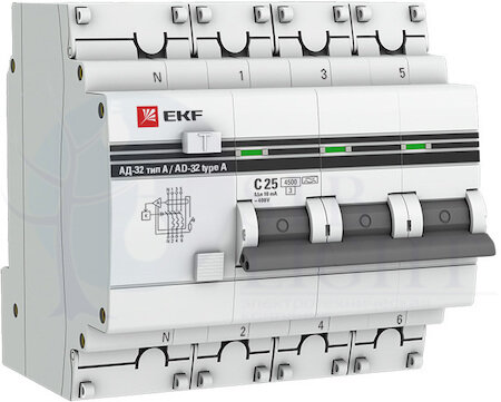 Выключатель авт. диф. тока 3п+N C 40А 30мА тип AC 4.5kA АД-32 PROxima EKF DA32-40-30-4P-pro